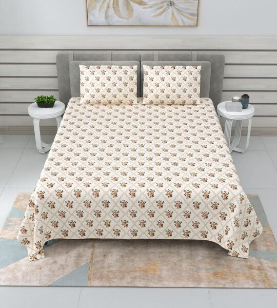 Cream Floral 220TC Pure Cotton Super King Bedsheet With 2 Pillow Covers