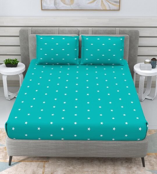 Turquoise Star 220 TC Pure Cotton Double Queen Bedsheet with 2 Pillow Covers
