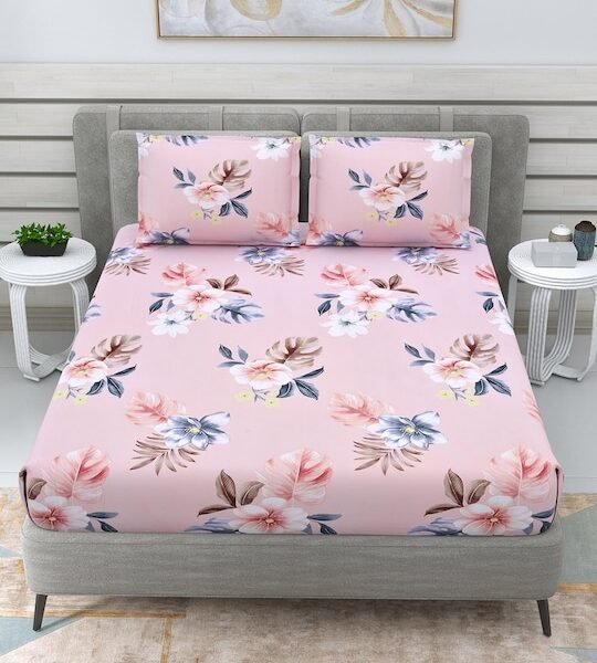 Pink Floral Glazed Cotton 220 TC Double Queen Bedsheet with 2 Pillow Covers
