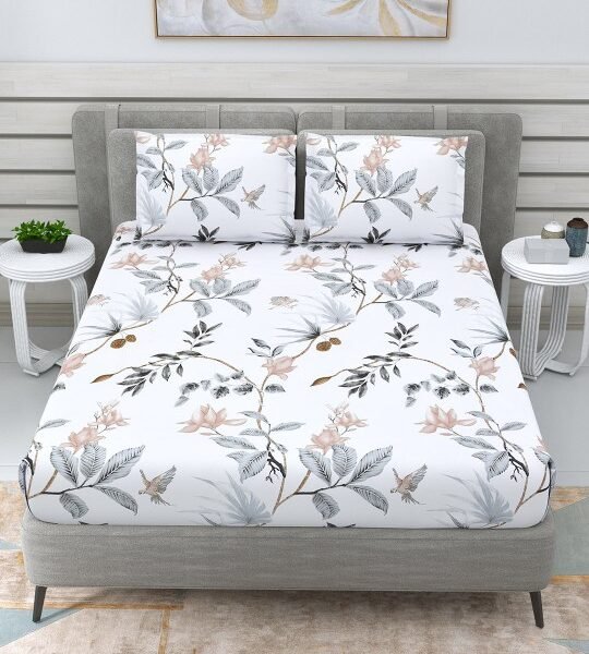 White Sparrow Print Cotton 220 TC Double Queen Bedsheet with 2 Pillow Covers