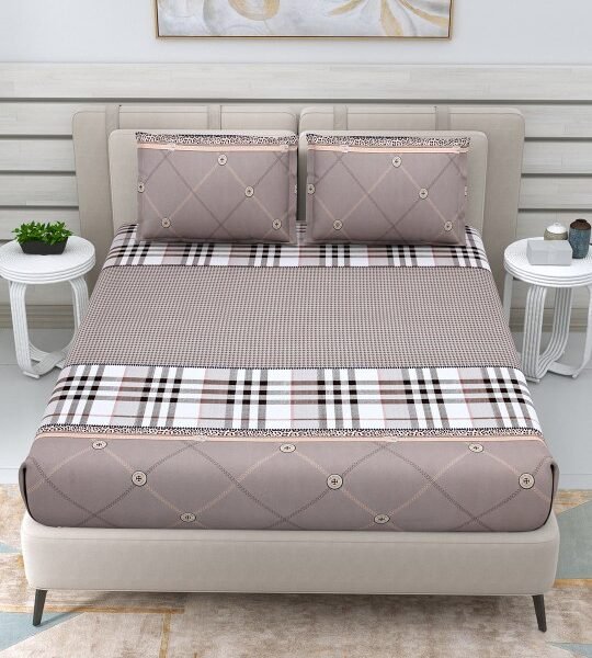Beige Checked 220 TC Glazed Cotton Double Bedsheet with 2 Pillow Covers